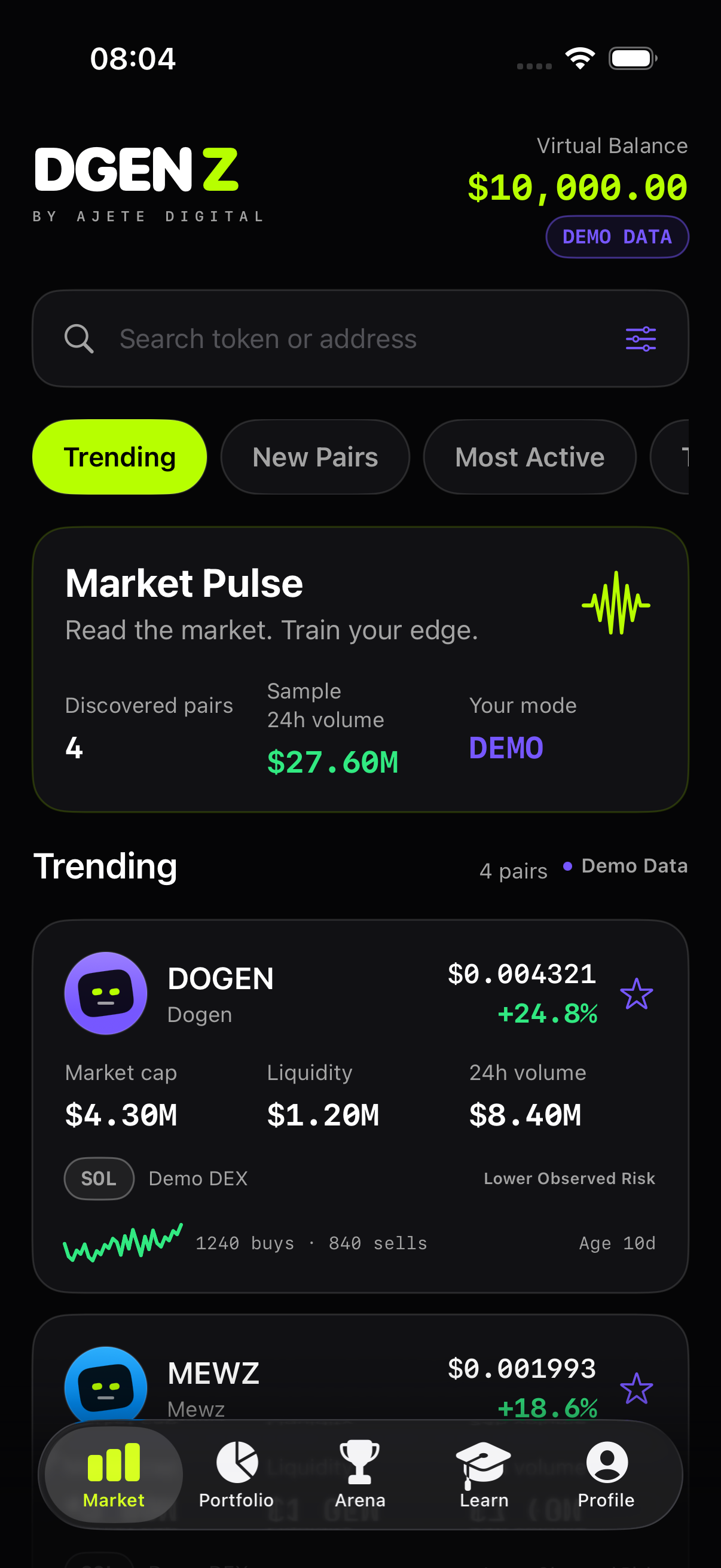 DGEN Z Market screen — simulated demo data, no real money