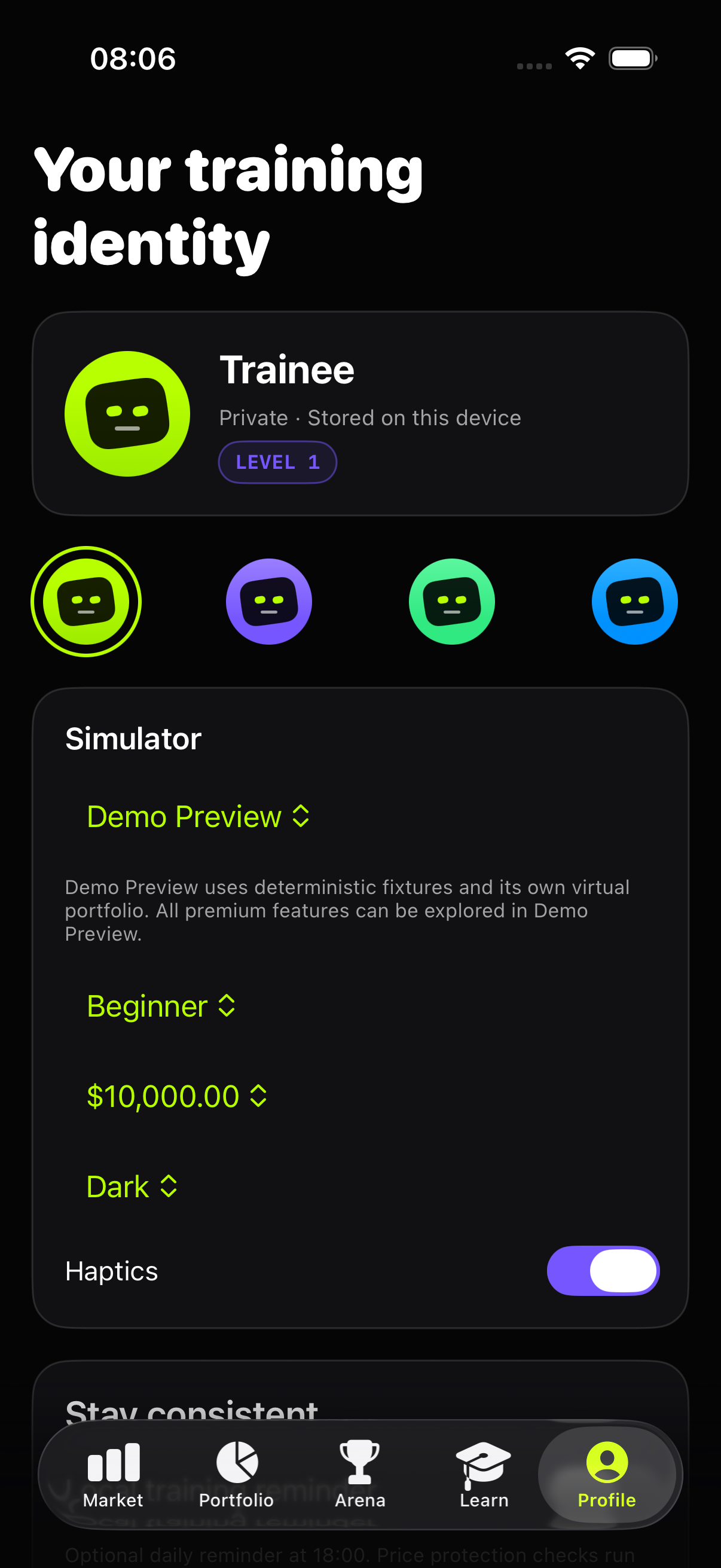 DGEN Z Profile screen. Build a record of your progress. Simulated demo data; no real money.